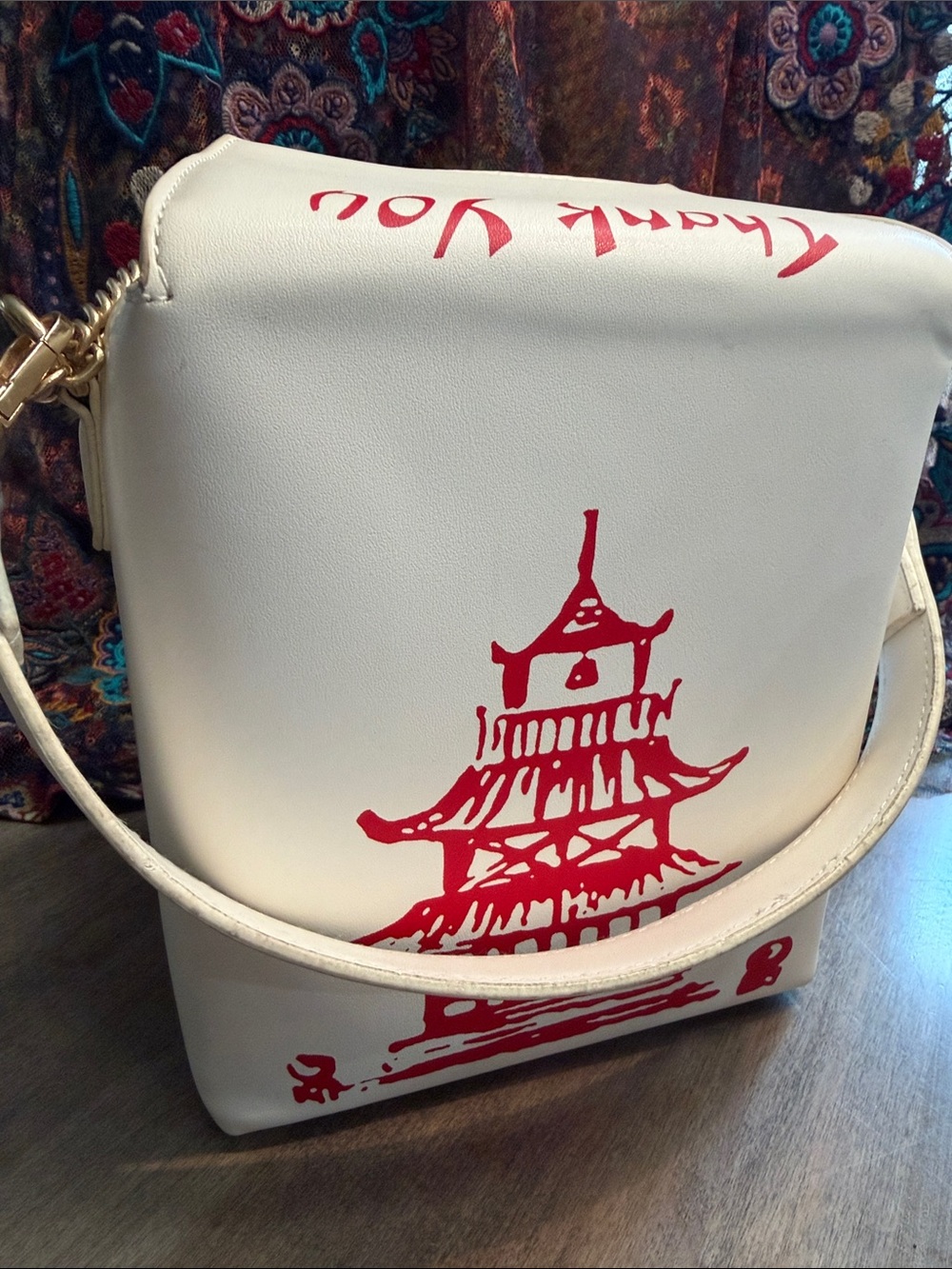 White “Takeout “ Crossbody Bag with Red Pagoda Print